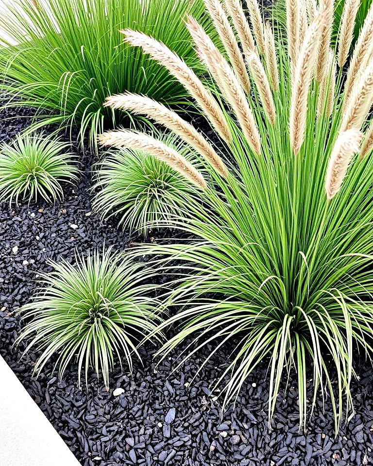 decorative grasses paired with striking black mulch
