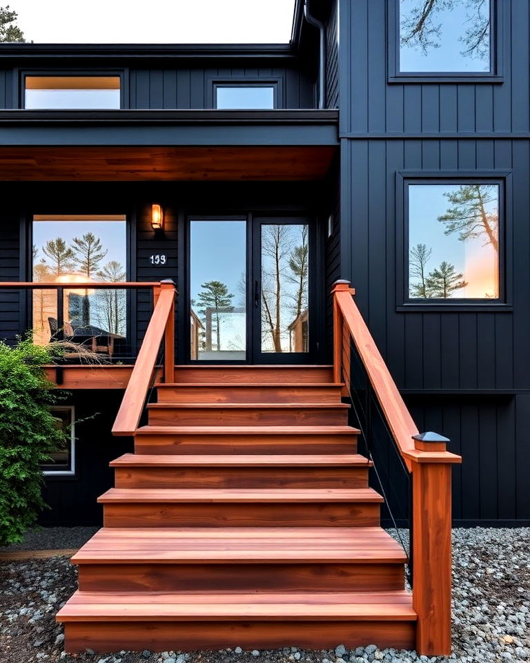 deep black facade with redwood decking