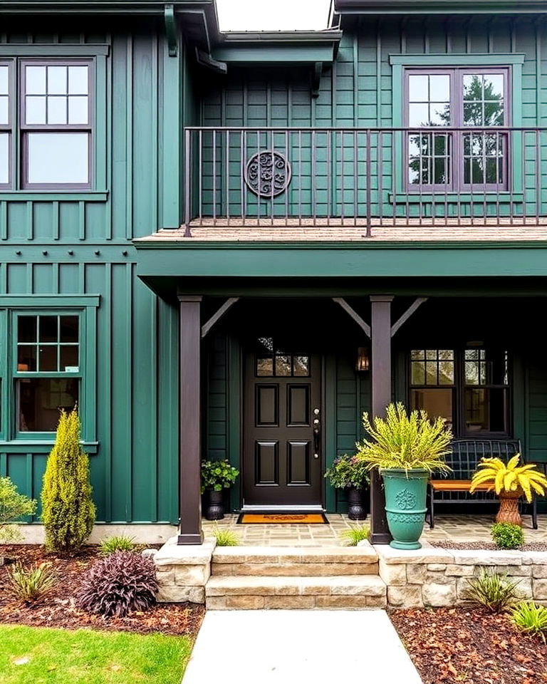 deep green exterior with rustic metal accents