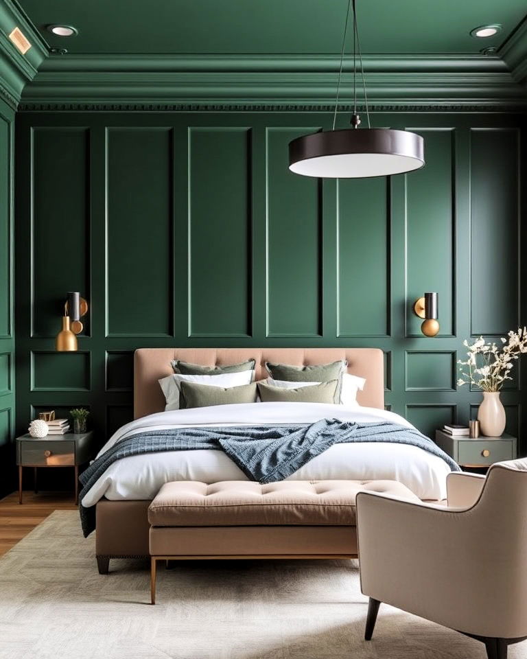 deep green panels with statement lighting for bedroom