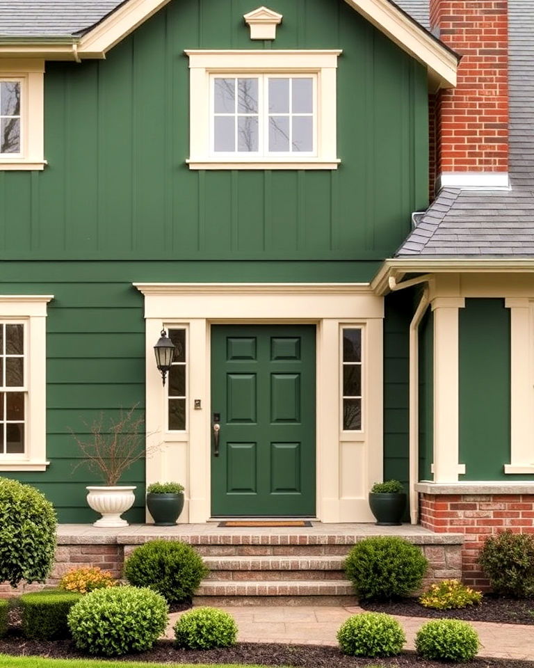 deep moss green farmhouse exterior with cream details