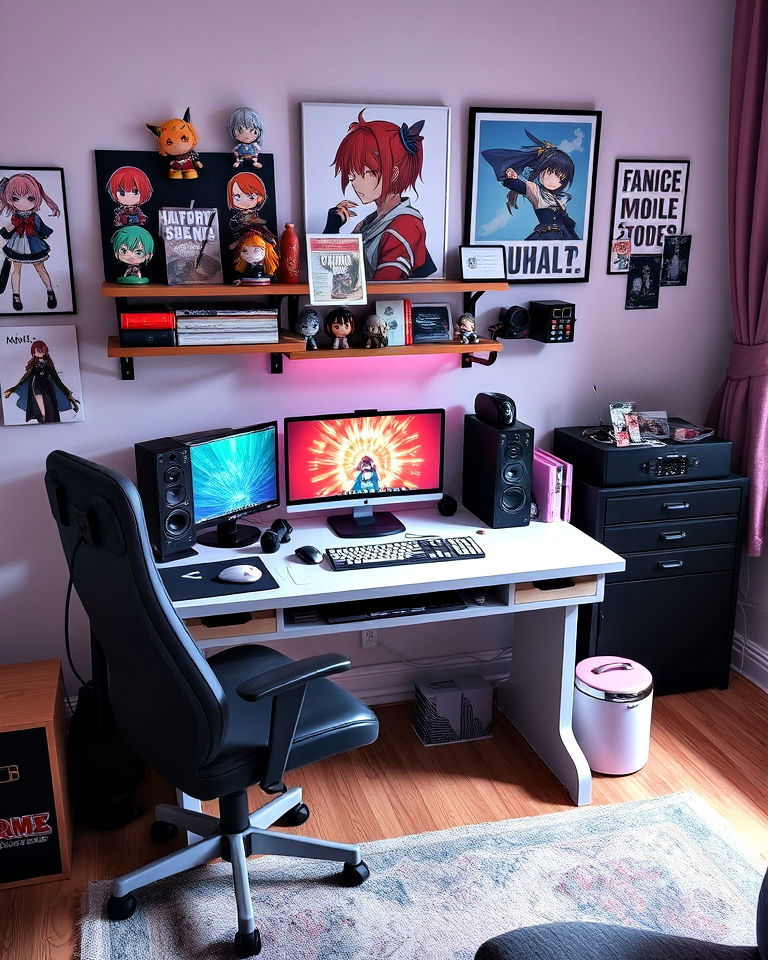 desk with anime accessories