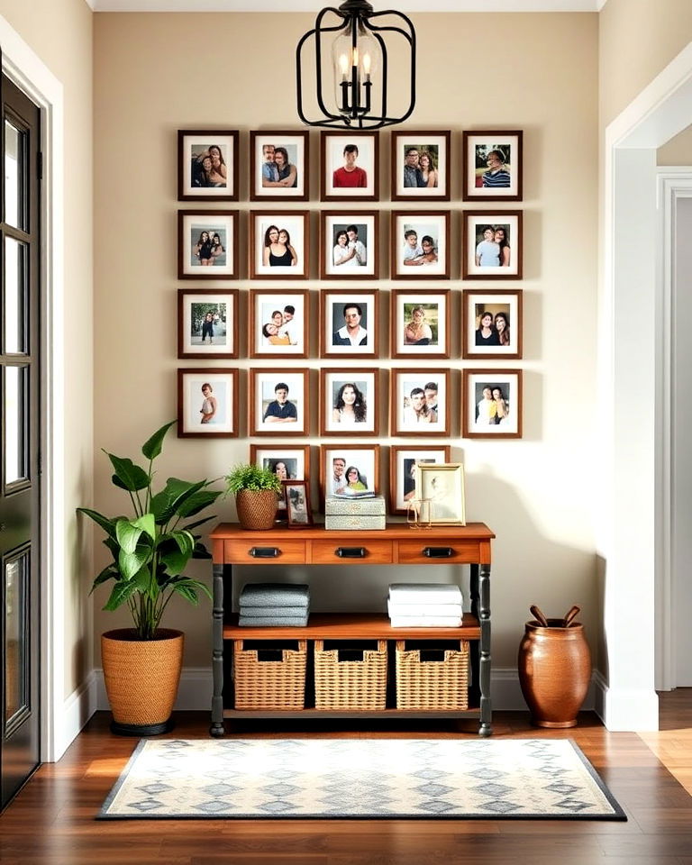 display framed family photos for foyer decor