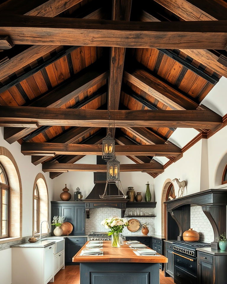 distressed wooden beams for gothic kitchen