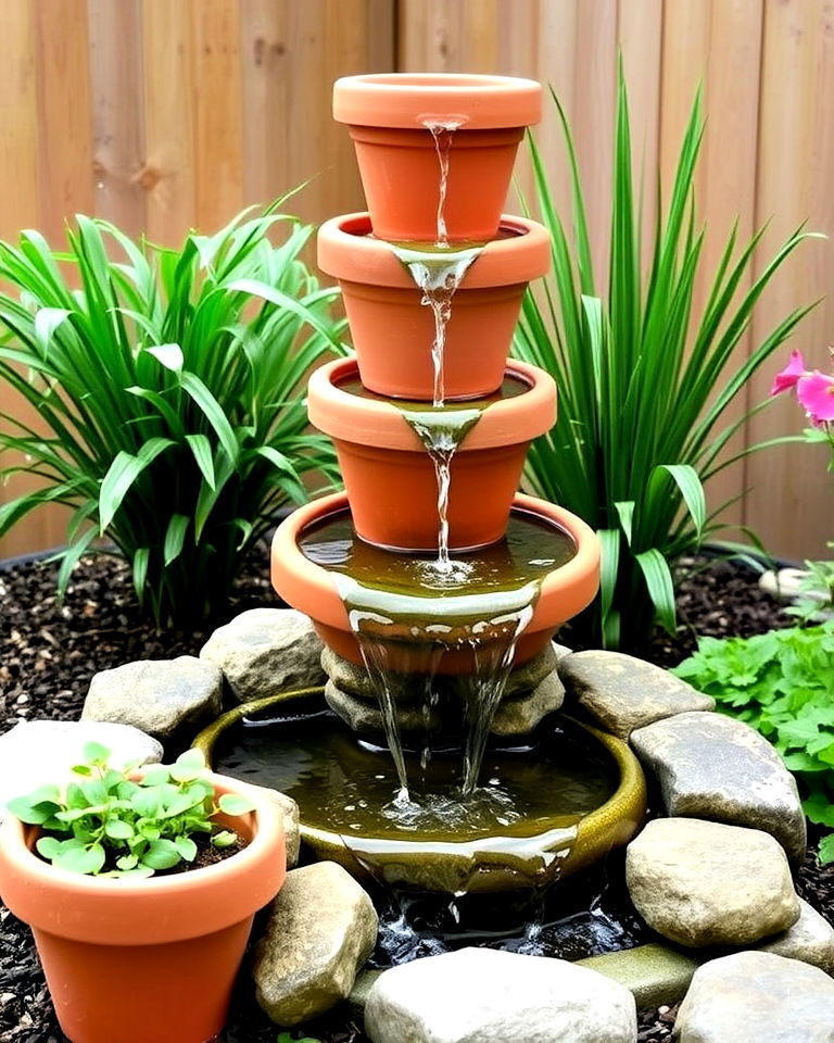 diy clay pot waterfall for patio