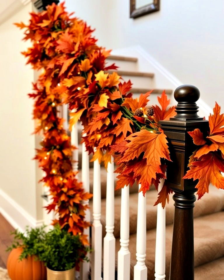 dramatic and whimsical leaf garland staircase decor