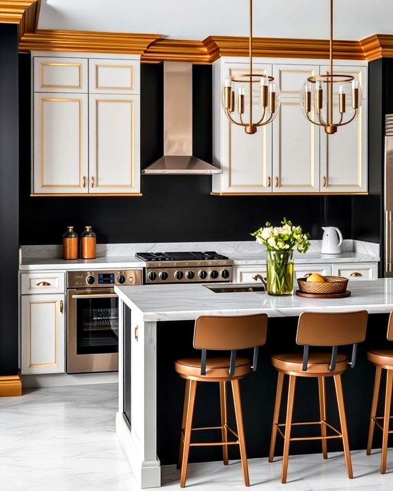 dramatic black kitchen walls with gold trim