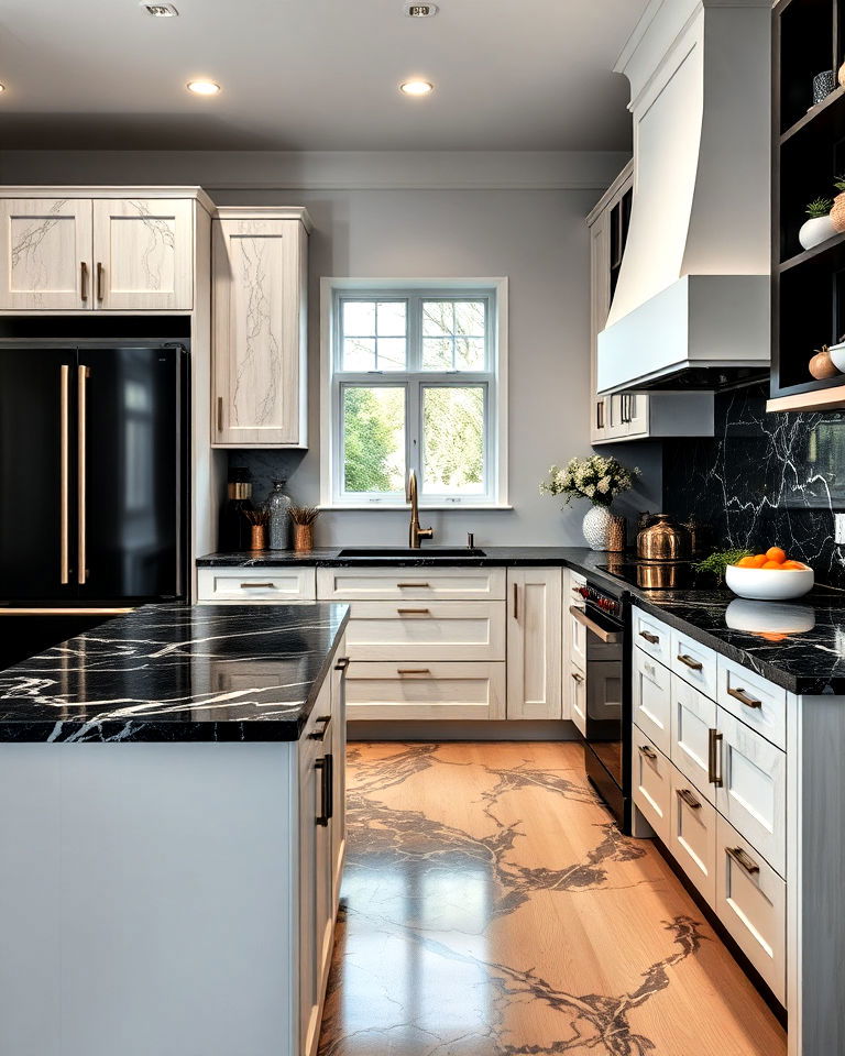 dramatic black marble kitchen countertop