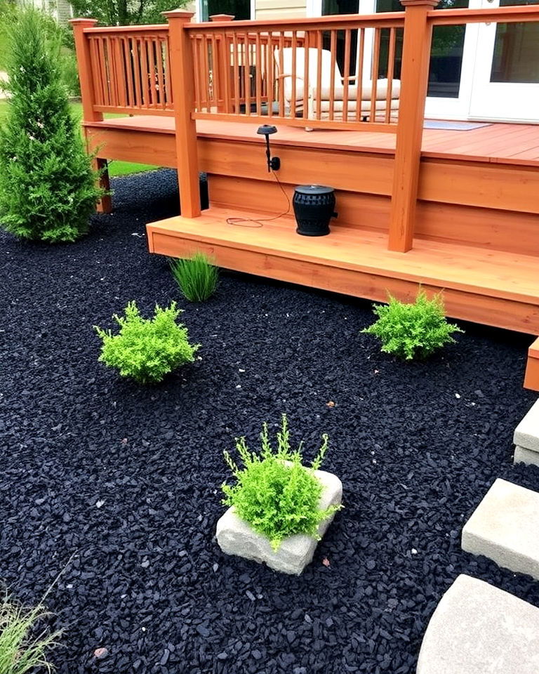 dramatic black mulch wooden deck surround