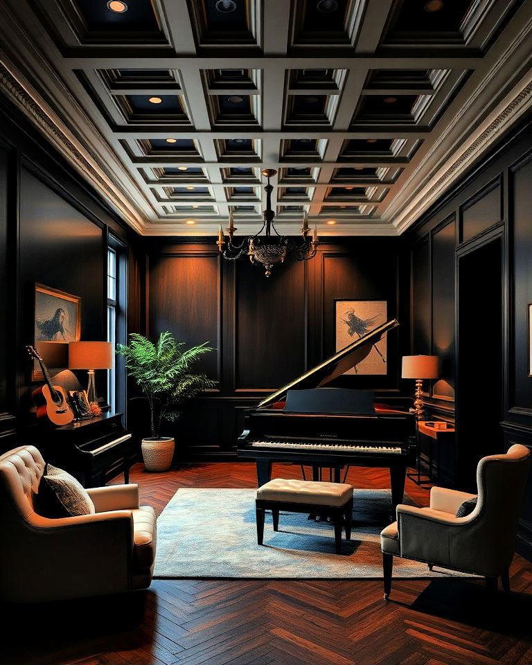dramatic dark and moody piano room