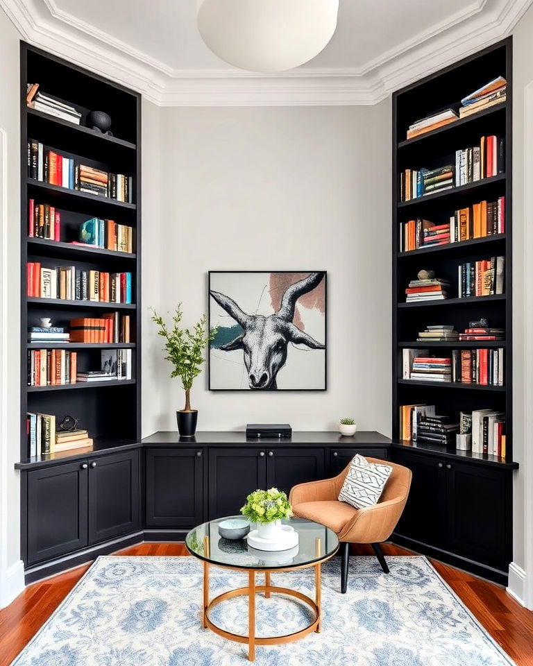 dramatic floor to ceiling built in corner bookshelf