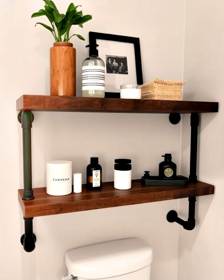 dramatic industrial pipe shelving above the toilet