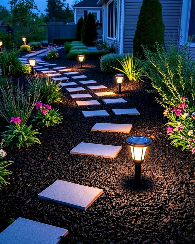 dramatic pathway lighting with black mulch