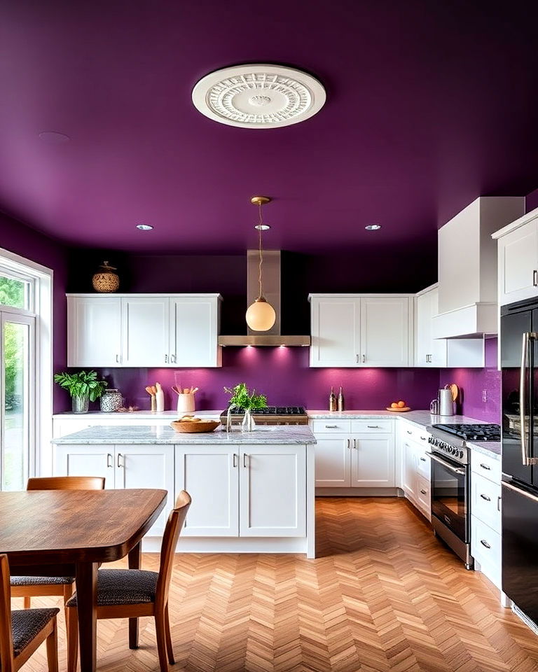dramatic rich purple kitchen ceiling