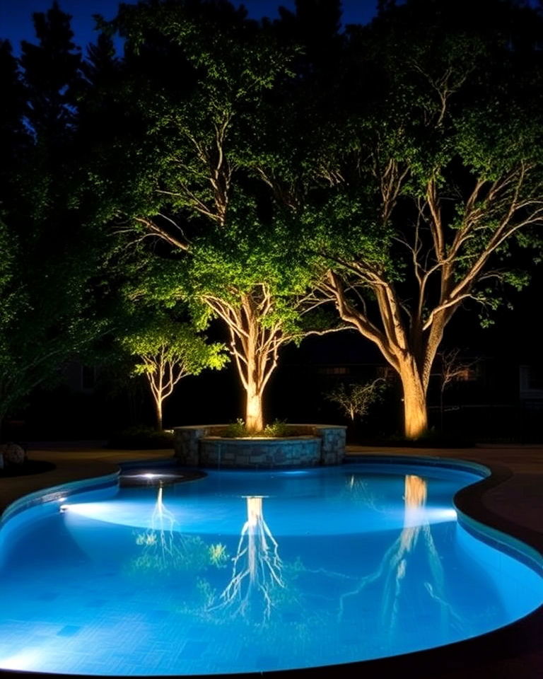 dramatic spotlights for poolside trees