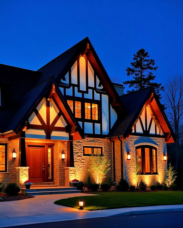 dramatic tudor exterior with accent lighting