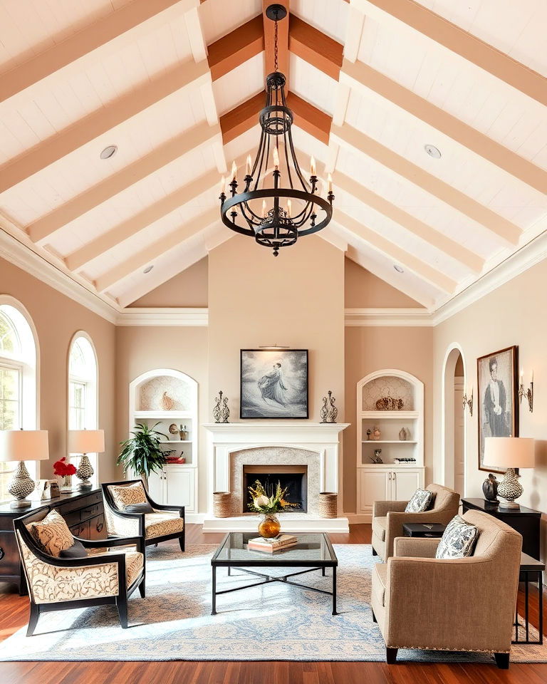 dramatic vaulted ceiling with statement chandelier