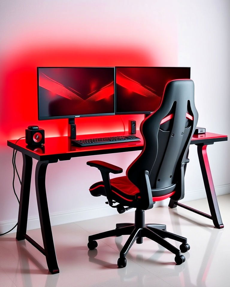 dual monitor red and black gaming desk