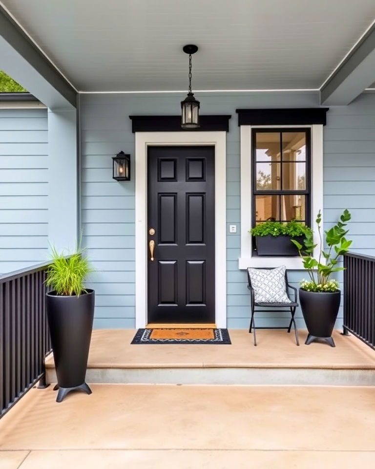 dusty blue house with black railing design