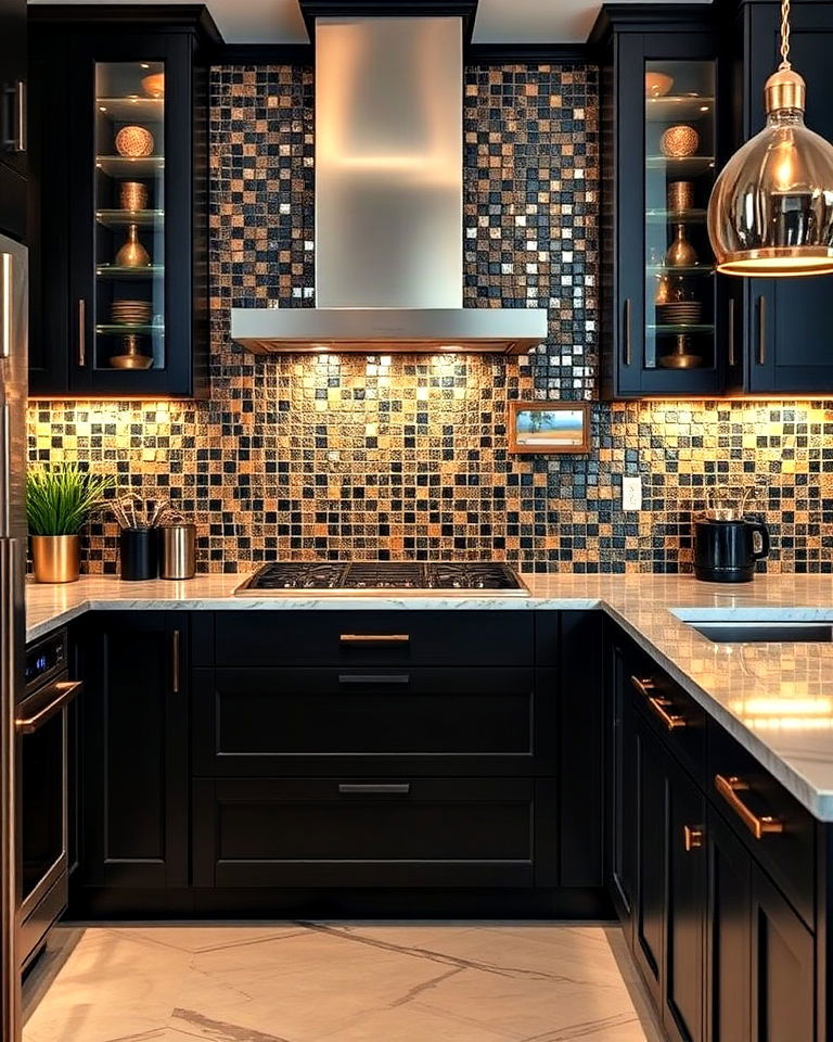 dynamic black and gold mosaic kitchen backsplash