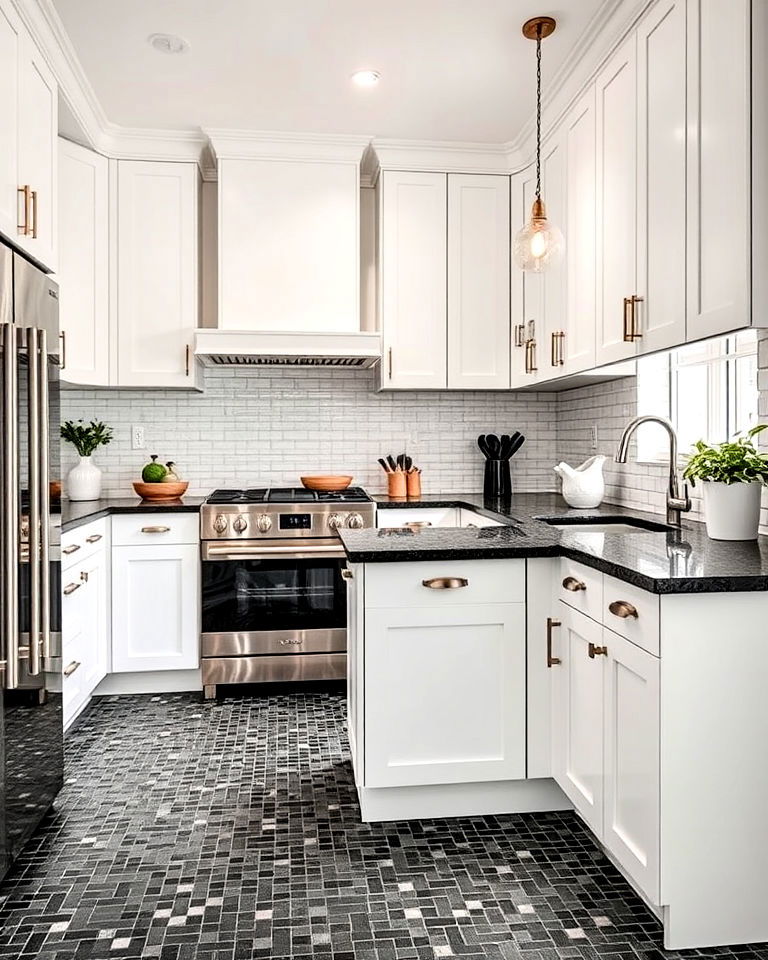 dynamic black mosaic tiled kitchen floor