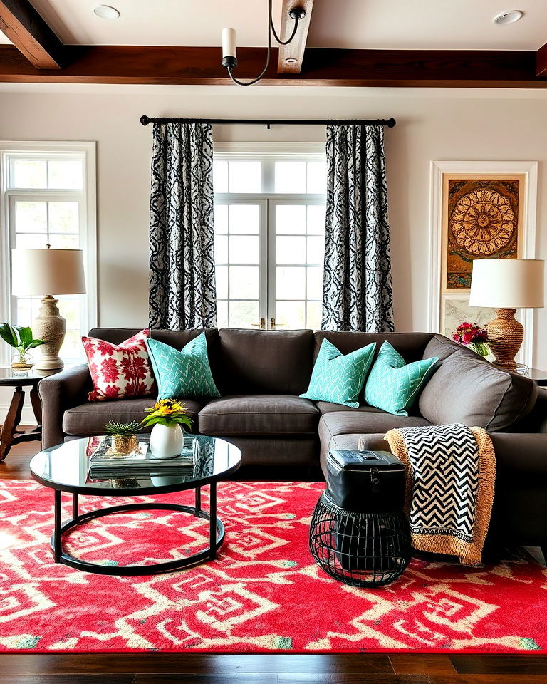 dynamic bold pattern brown couch living room