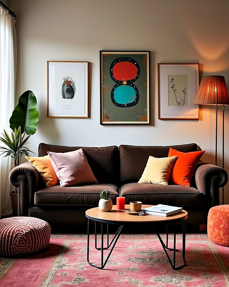 eclectic mix brown couch living room