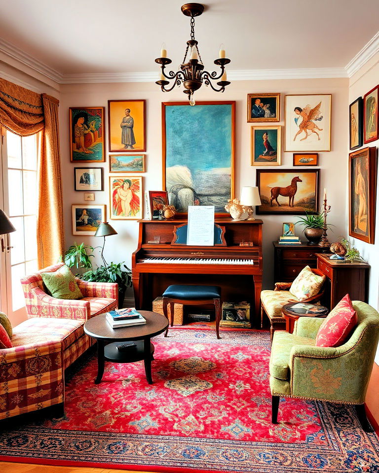 eclectic style piano room design