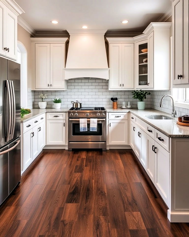elegance dark wood floor with light cabinets