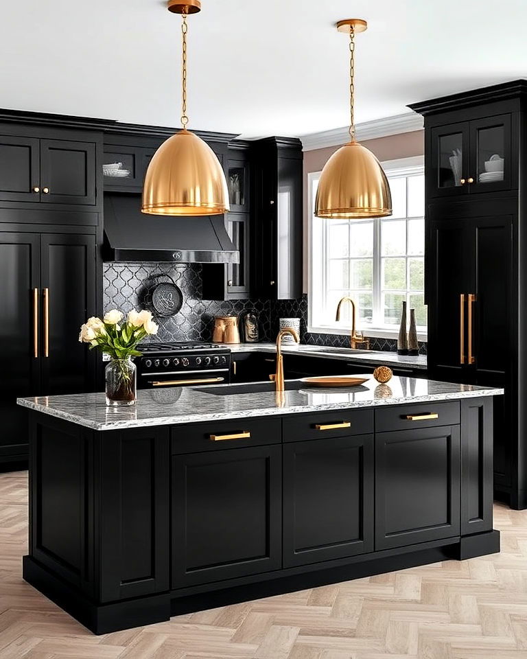 elegant black kitchen island with gold handles