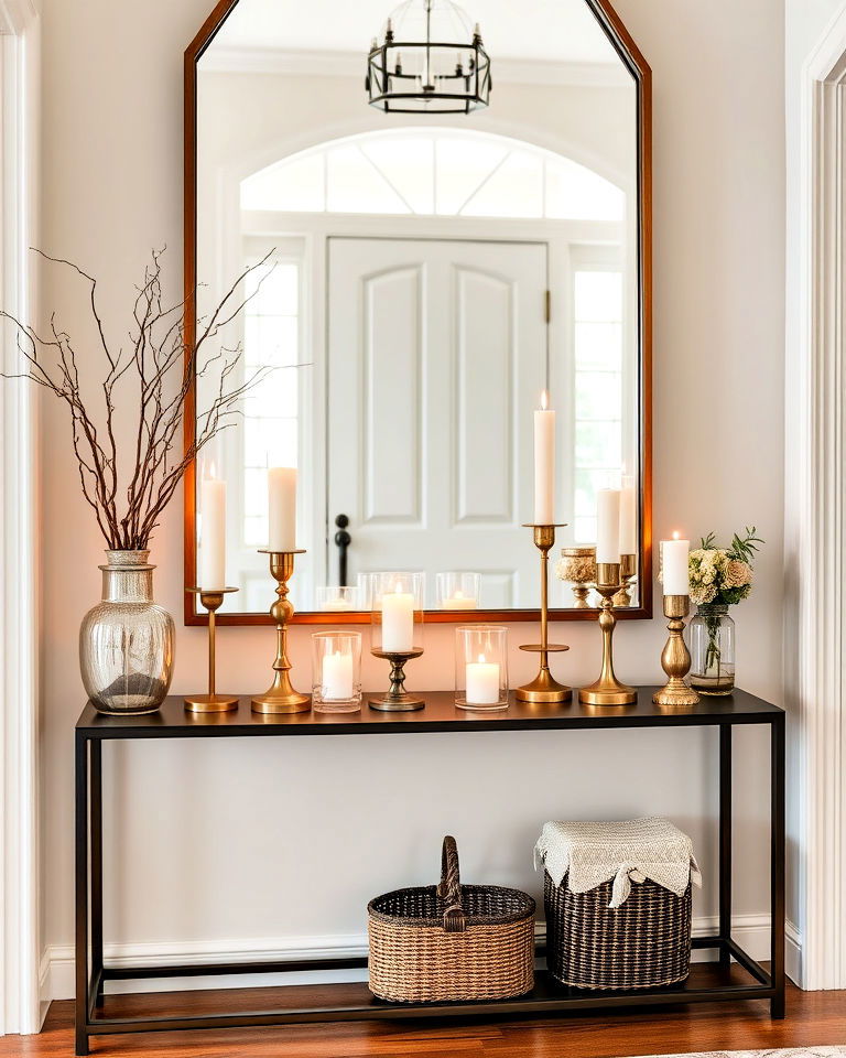 elegant candle holders on a console table