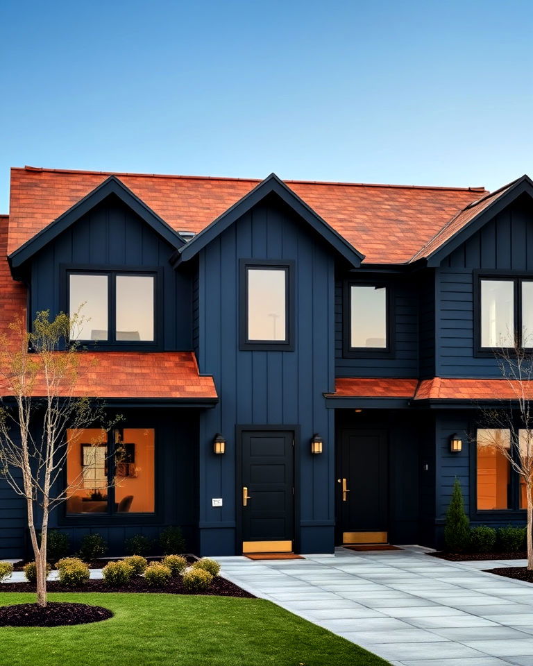 elegant deep indigo exterior with a walnut roof