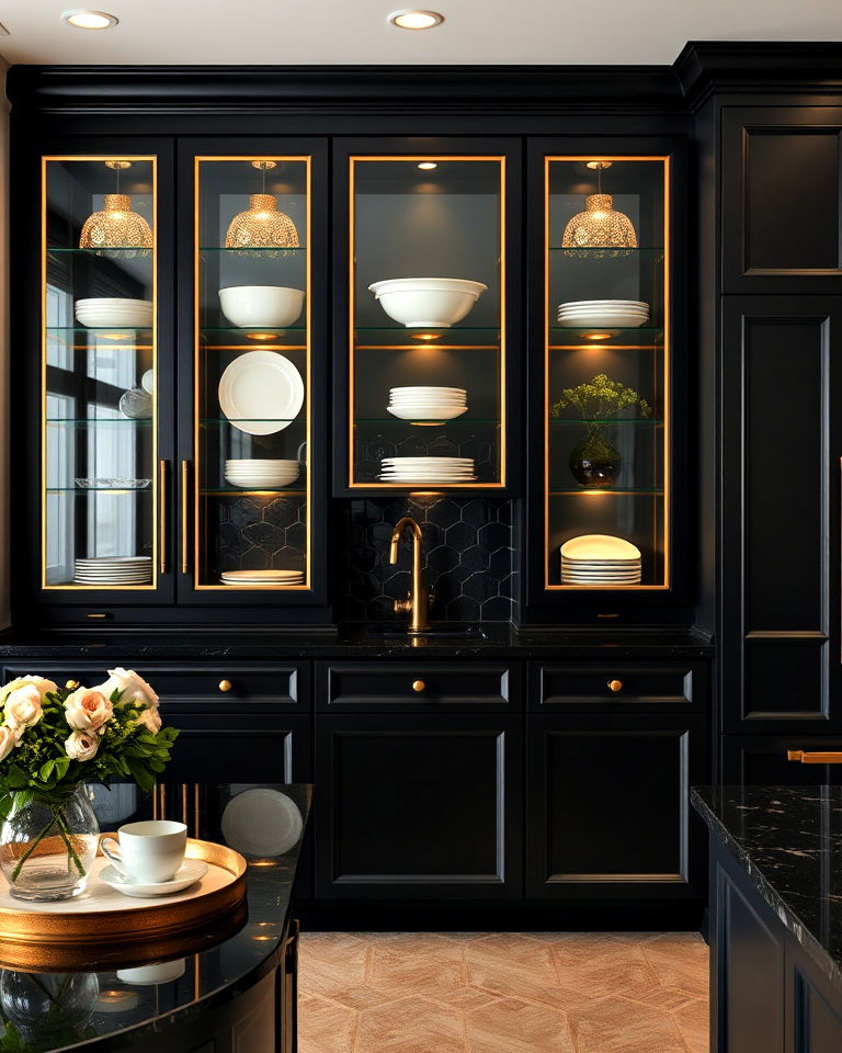elegant gold trimmed glass kitchen cabinets