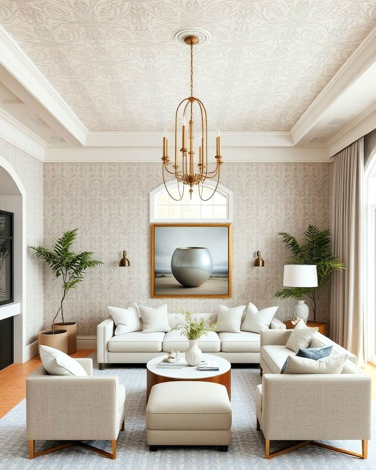 elegant greige living room wallpaper ceiling