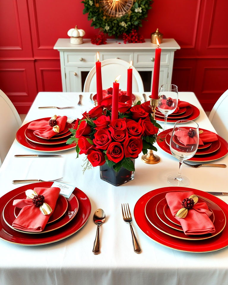 elegant red and white thanksgiving table