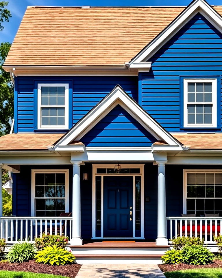 elegant sapphire blue siding with an oak brown roof