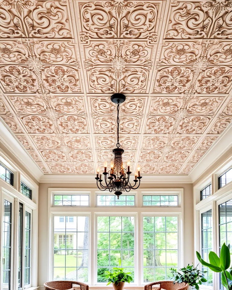 elevate a sunroom with decorative tile ceiling