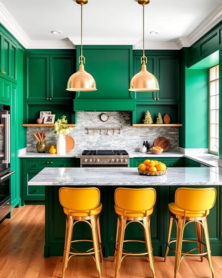 emerald green kitchen walls with gold yellow accessories