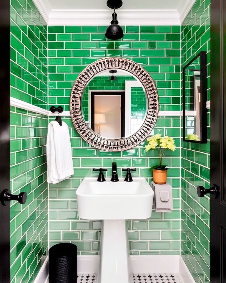 emerald green powder room statement walls