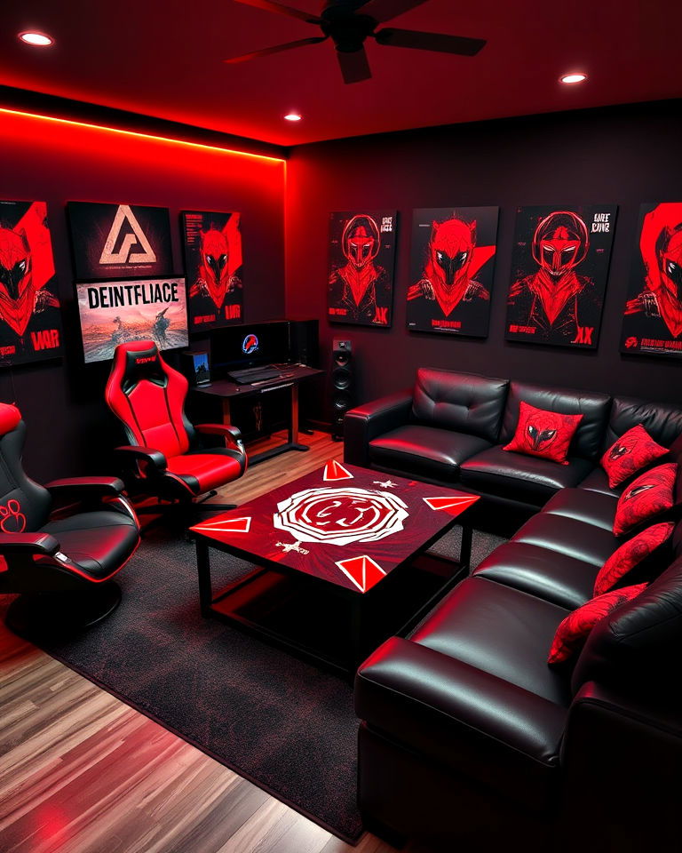 entire room into a red and black gamer’s lounge