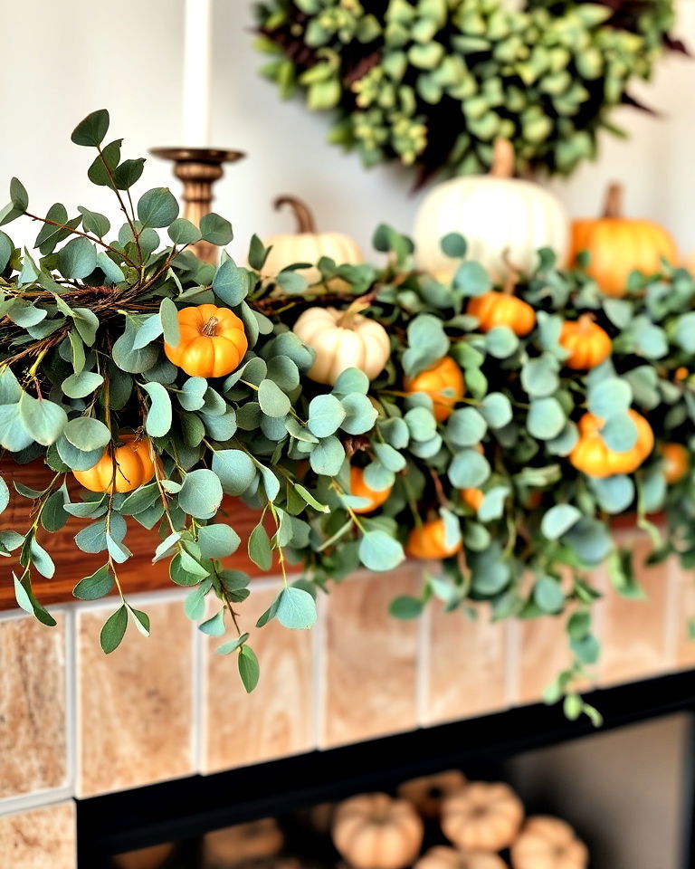 eucalyptus and pumpkin garland over a mantel