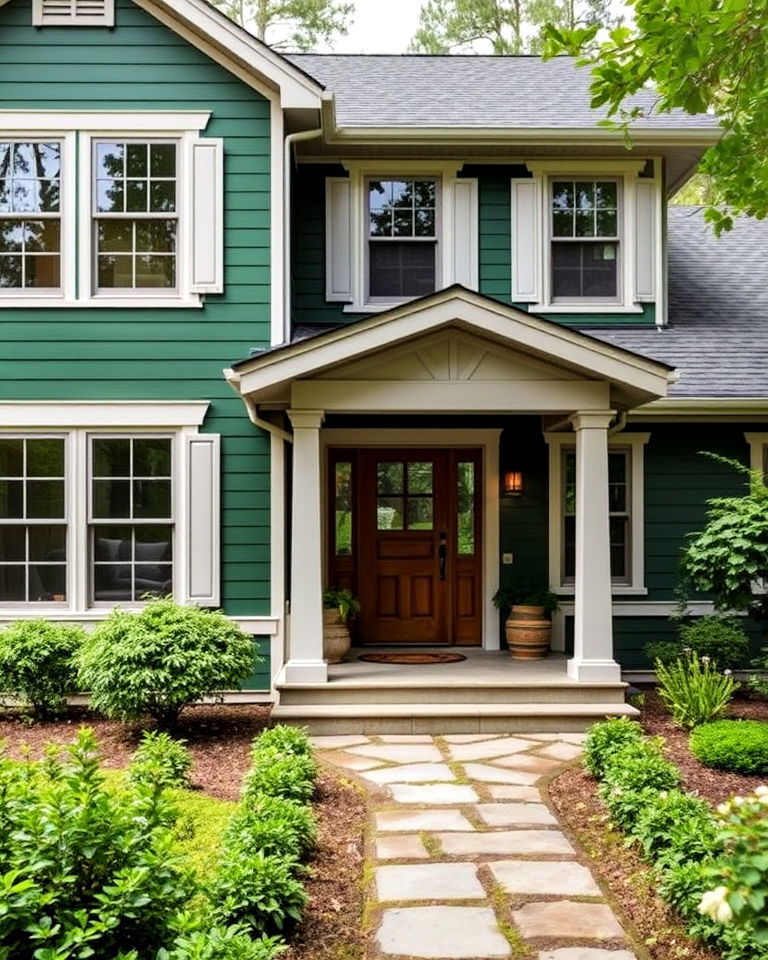evergreen suburban exterior with light gray trim