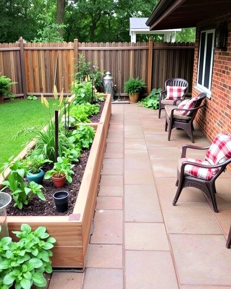 extended patio with raised garden beds