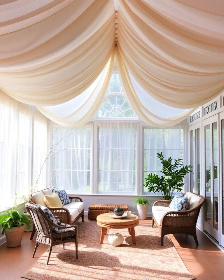 fabric covered sunroom ceiling for a cozy retreat
