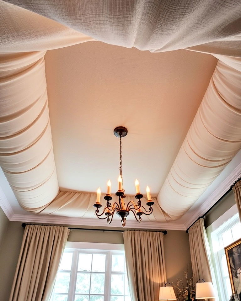 fabric wrapped tray ceiling for formal living spaces