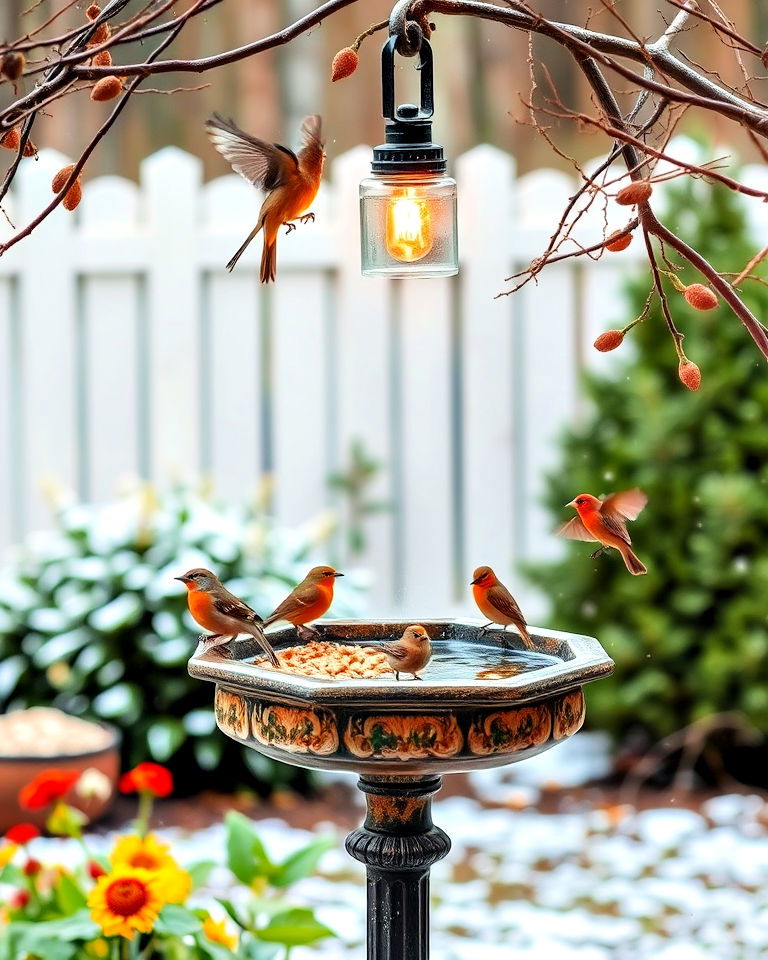 fall garden bird feeder and birdbath