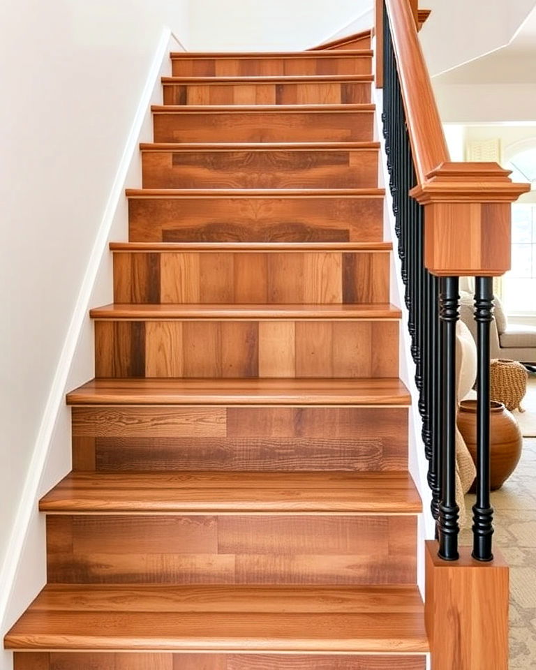 farmhouse inspired rustic wood paneled stair risers