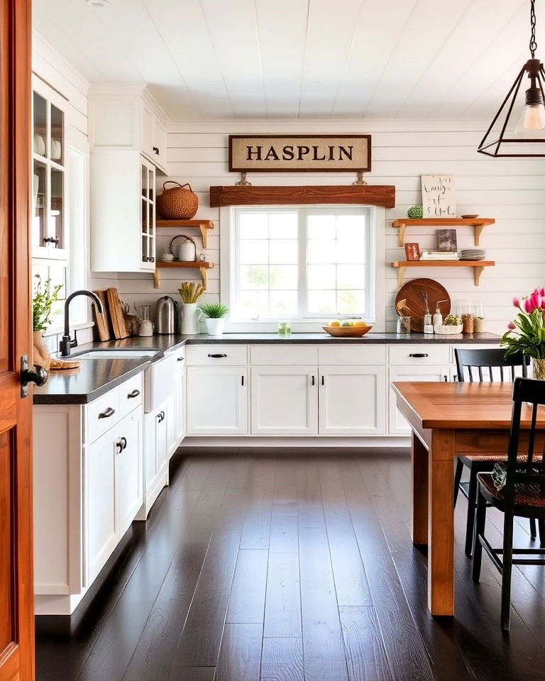 farmhouse kitchen with dark wood floor and shiplap walls