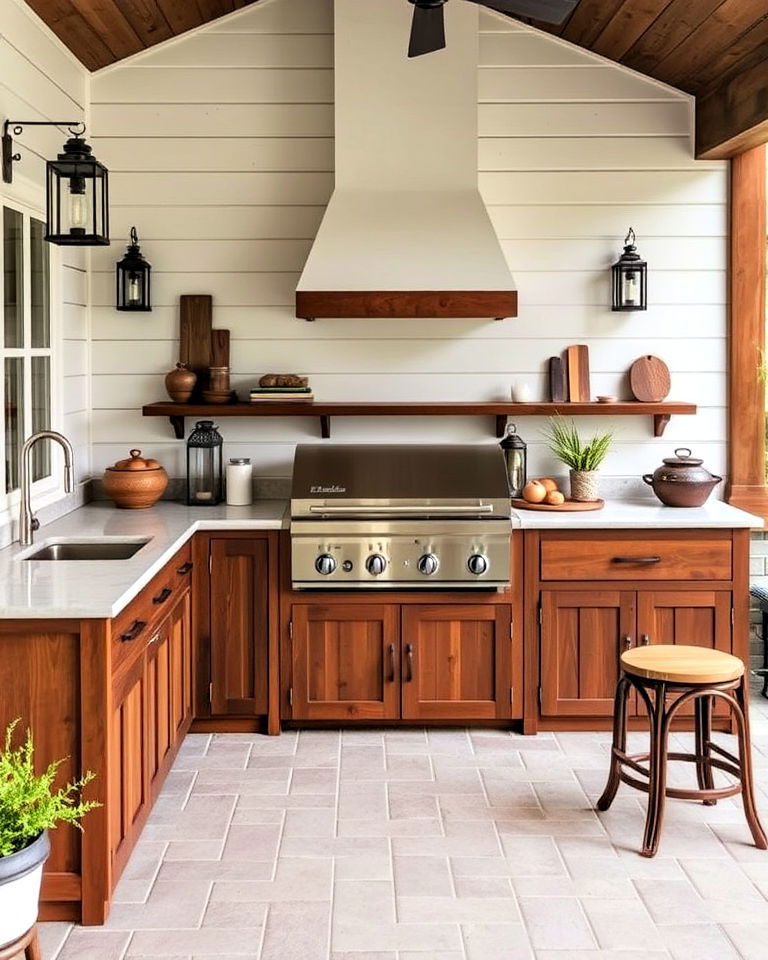 farmhouse outdoor kitchen with shiplap walls