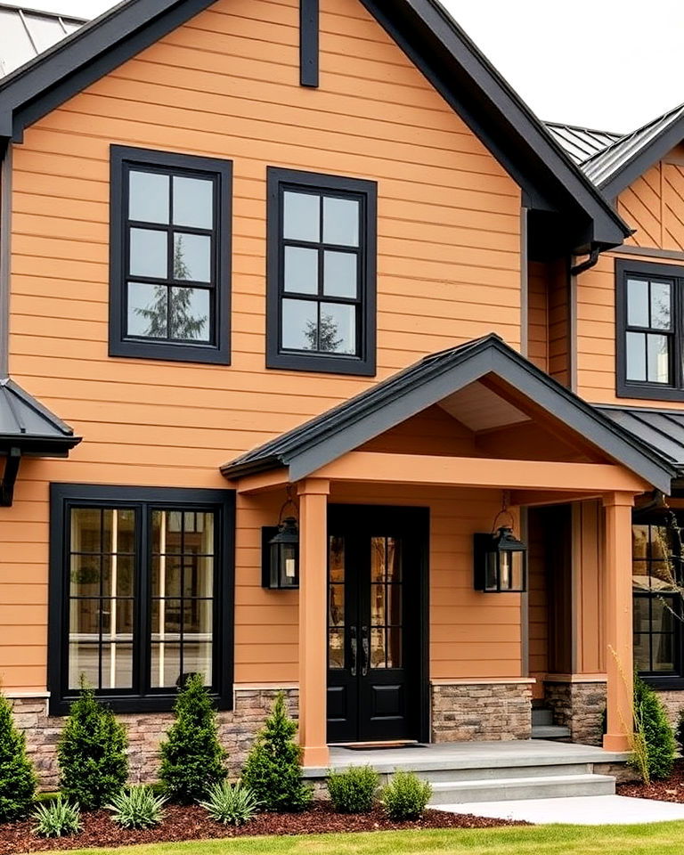 farmhouse style tan house exterior with bold black trim